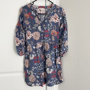 LOFT Floral Quarter Sleeve V-Neck Mini Shirtdress, Size XSP